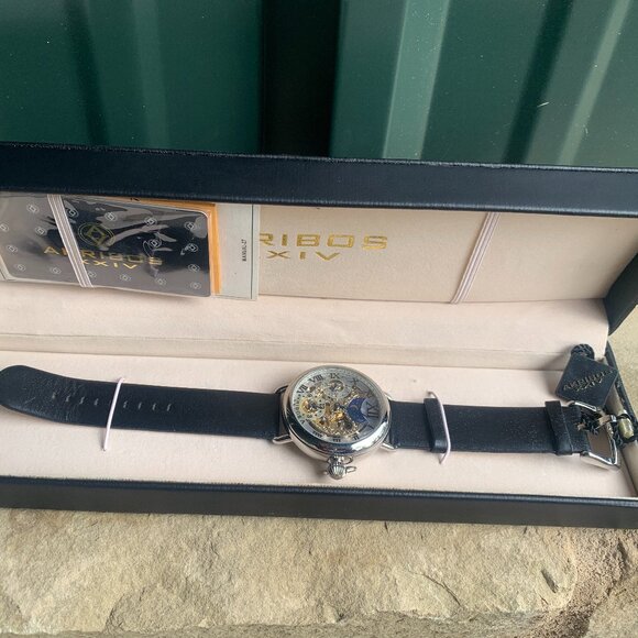 WATCH - NIB Akribos XXIV Watch Mens, Leather, AK451SS, Analog, SKELETON, DUAL - Picture 12 of 12